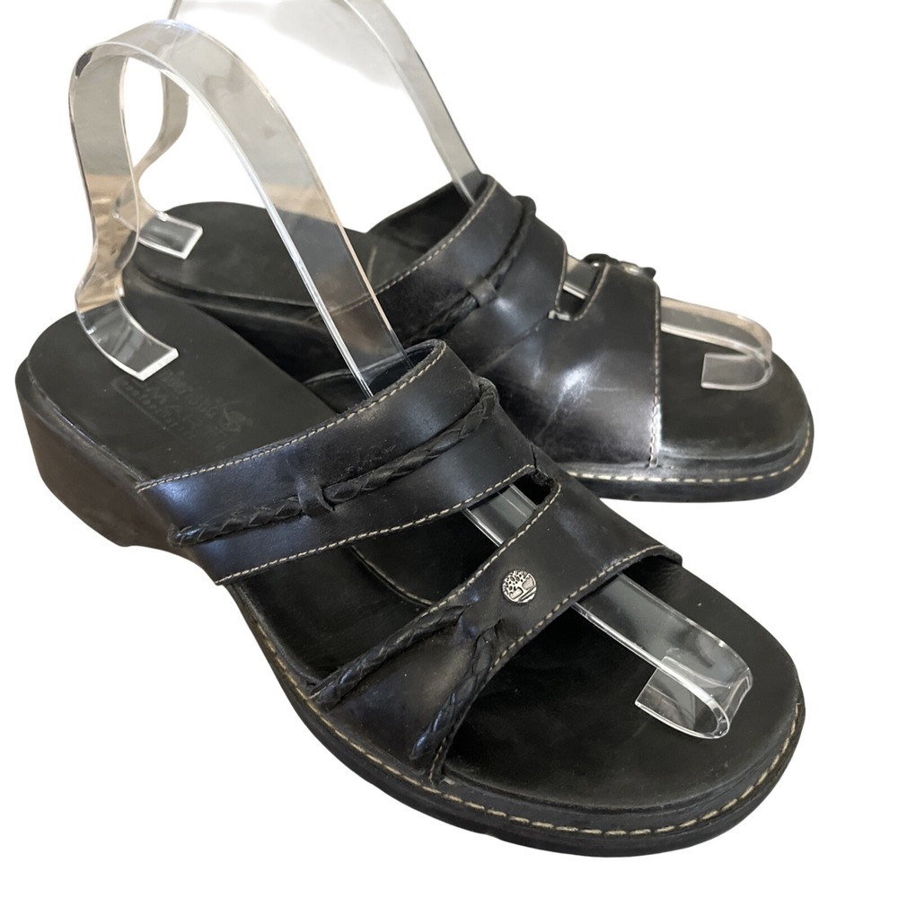 Timberland Sandals Women 8 Black Smart Comfort Leather Braided Wedge Slides